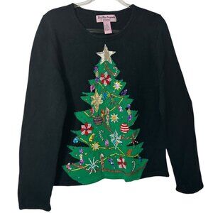 Star Blue Originals Black Knit Christmas Tree Sweater w/ Beads & Sequins Size XL